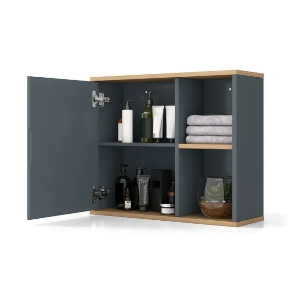 Armoire Murale de Salle de Bain avec Porte et Miroir 2 Niveaux pour Salle de Bain Entrée Toilette 60x20x50 cm Gris