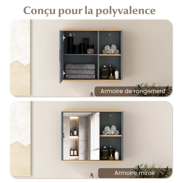 Armoire Murale de Salle de Bain avec Porte et Miroir 2 Niveaux pour Salle de Bain Entrée Toilette 60x20x50 cm Gris