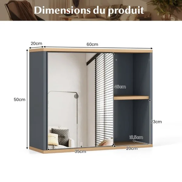 Armoire Murale de Salle de Bain avec Porte et Miroir 2 Niveaux pour Salle de Bain Entrée Toilette 60x20x50 cm Gris