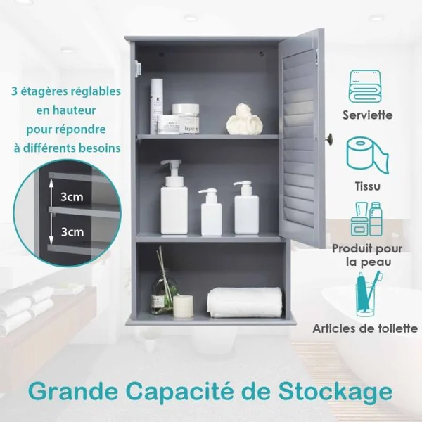 Armoire Murale pour Salle de Bain avec Étagère Réglable 1 Porte Persienne et 1 Étagère Ouverte 4 Couleurs au Choix