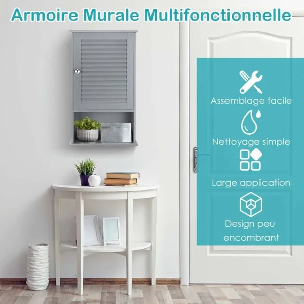 Armoire Murale pour Salle de Bain avec Étagère Réglable 1 Porte Persienne et 1 Étagère Ouverte 4 Couleurs au Choix