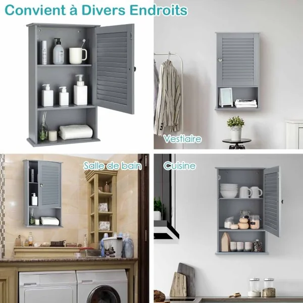 Armoire Murale pour Salle de Bain avec Étagère Réglable 1 Porte Persienne et 1 Étagère Ouverte 4 Couleurs au Choix