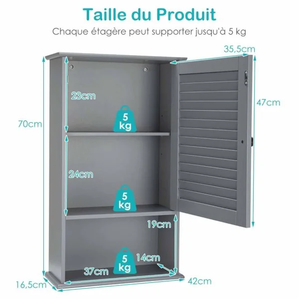 Armoire Murale pour Salle de Bain avec Étagère Réglable 1 Porte Persienne et 1 Étagère Ouverte 4 Couleurs au Choix