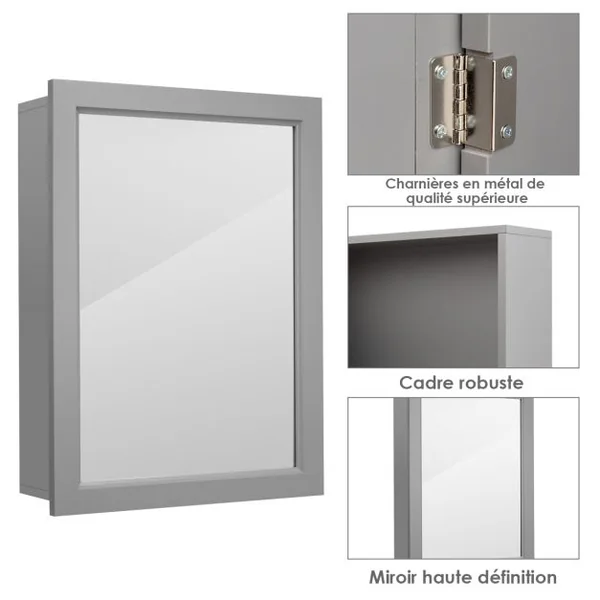 Armoire Murale Salle de Bain avec Miroir Armoire à Pharmacie avec Etagère à Hauteur Réglable Gris 51 x 16 x 66,5 CM Gris