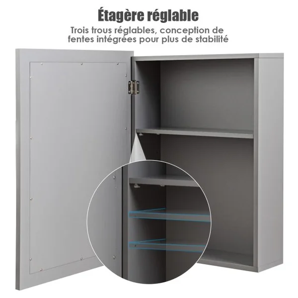 Armoire Murale Salle de Bain avec Miroir Armoire à Pharmacie avec Etagère à Hauteur Réglable Gris 51 x 16 x 66,5 CM Gris