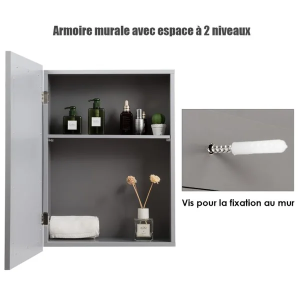 Armoire Murale Salle de Bain avec Miroir Armoire à Pharmacie avec Etagère à Hauteur Réglable Gris 51 x 16 x 66,5 CM Gris