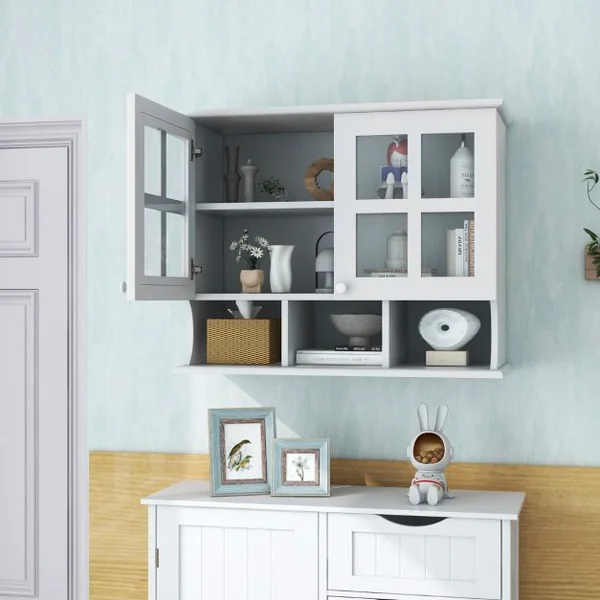 Armoire Murale Salle de Bain Portes en Verre Trempé Étagères et Compartiments Ouverts Armoire à Pharmacie 75 x 28 x 60 cm Blanc