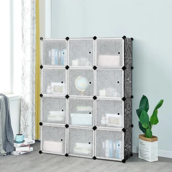 Armoire Penderie 12 Cube Armoire de Rangement en PP Motif Imprimé Armoire Chambre Adulte avec Portes pour Vêtement Chaussures Jouets Grande Capacité
