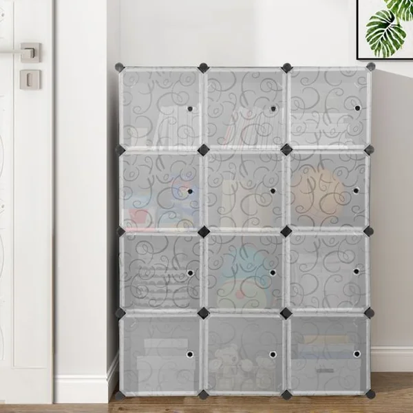 Armoire Penderie 12 Cube Armoire de Rangement en PP Motif Imprimé Armoire Chambre Adulte avec Portes pour Vêtement Chaussures Jouets Grande Capacité