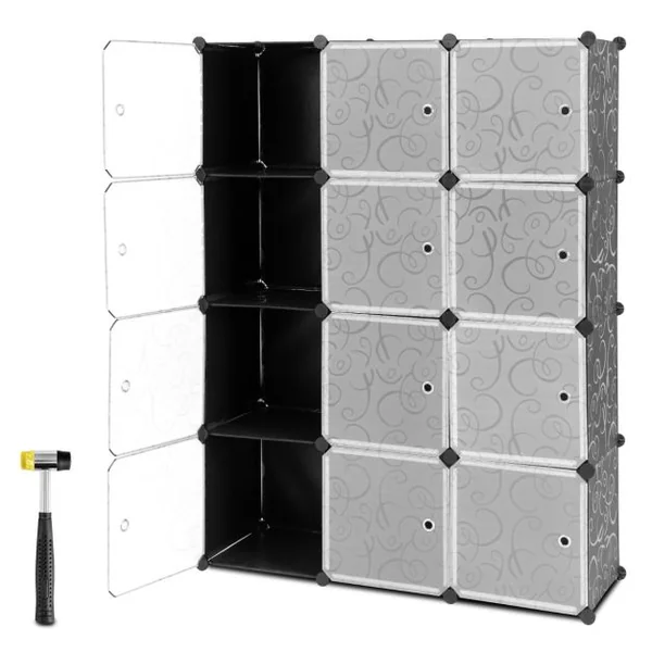 Armoire Penderie 12 Cube Armoire de Rangement en PP Motif Imprimé Armoire Chambre Adulte avec Portes pour Vêtement Chaussures Jouets Grande Capacité