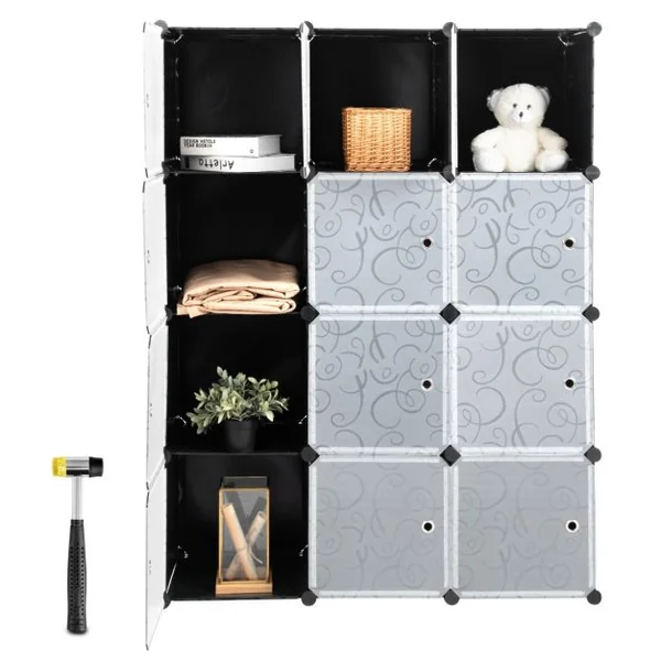 Armoire Penderie 12 Cube Armoire de Rangement en PP Motif Imprimé Armoire Chambre Adulte avec Portes pour Vêtement Chaussures Jouets Grande Capacité