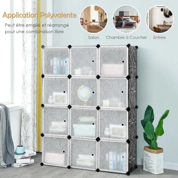 Armoire Penderie 12 Cube Armoire de Rangement en PP Motif Imprimé Armoire Chambre Adulte avec Portes pour Vêtement Chaussures Jouets Grande Capacité