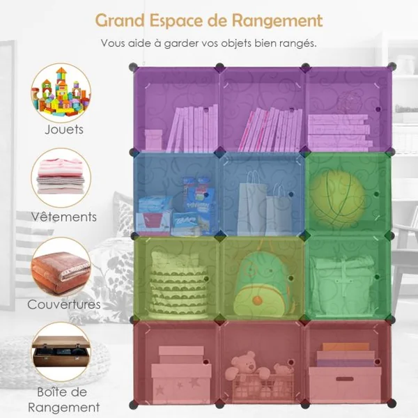 Armoire Penderie 12 Cube Armoire de Rangement en PP Motif Imprimé Armoire Chambre Adulte avec Portes pour Vêtement Chaussures Jouets Grande Capacité