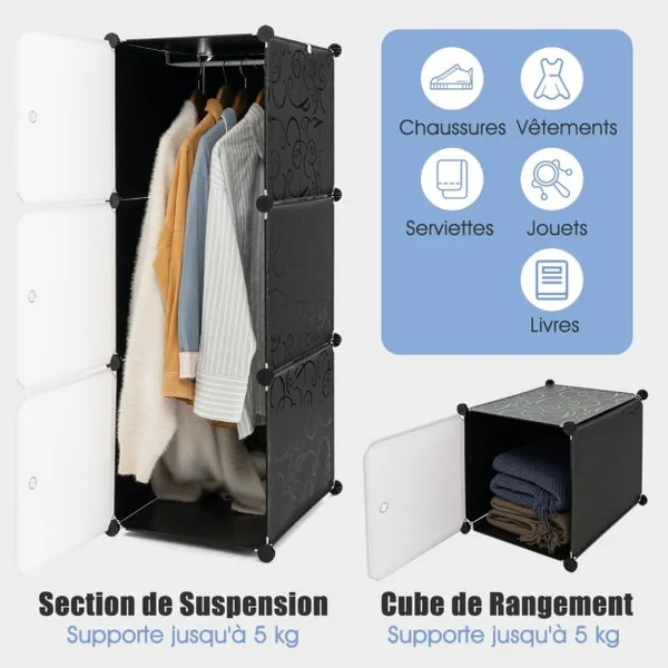 Armoire Penderie 16 Compartiments Armoire de Rangement en Plastique avec 16 Portes et 2 Tringles Armoire Chambre Adulte