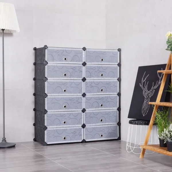 Armoire Portable avec 12 Cubes avec Portes, empilable, en Plastique, 95x37x109 cm, Noir et blanc avec motif frisé