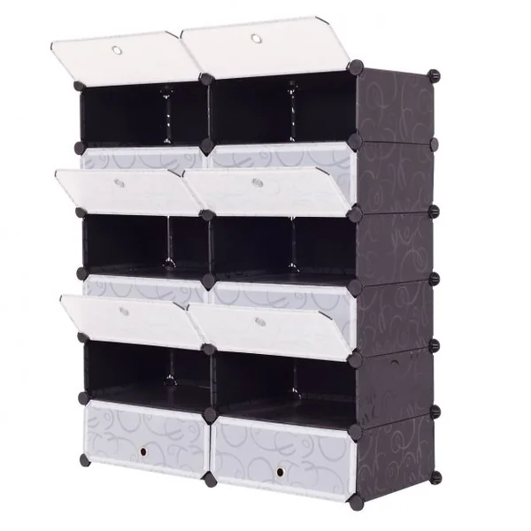 Armoire Portable avec 12 Cubes avec Portes, empilable, en Plastique, 95x37x109 cm, Noir et blanc avec motif frisé