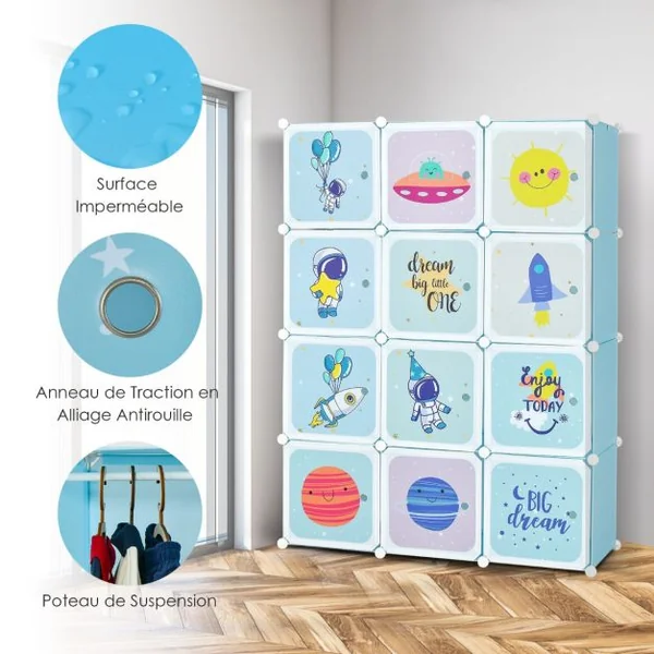Armoire portable pour enfants Commode pour Bébé 12 Cubes avec 2 Sections Penderie Joli Organisateur de Rangement pour Enfants Bleu
