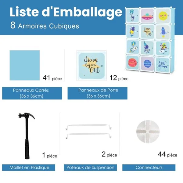 Armoire portable pour enfants Commode pour Bébé 12 Cubes avec 2 Sections Penderie Joli Organisateur de Rangement pour Enfants Bleu