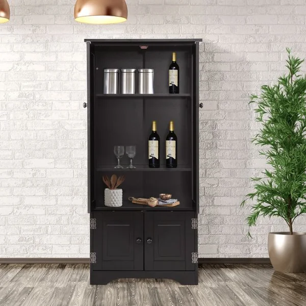 Armoire Vintage avec 4 Portes et 2 Étagères Réglables Sur 5 Positions en Bois Mdf Laqué 61x305x1245cm Noir
