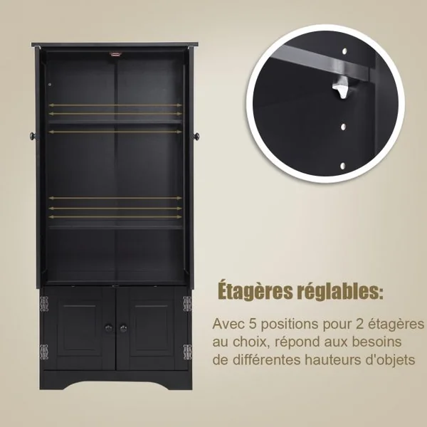 Armoire Vintage avec 4 Portes et 2 Étagères Réglables Sur 5 Positions en Bois Mdf Laqué 61x305x1245cm Noir