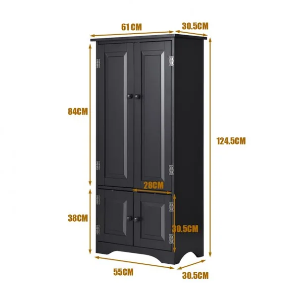 Armoire Vintage avec 4 Portes et 2 Étagères Réglables Sur 5 Positions en Bois Mdf Laqué 61x305x1245cm Noir