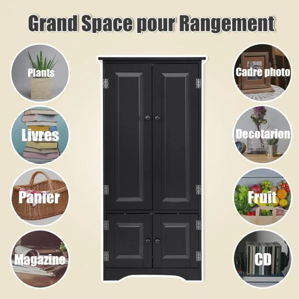 Armoire Vintage avec 4 Portes et 2 Étagères Réglables Sur 5 Positions en Bois Mdf Laqué 61x305x1245cm Noir