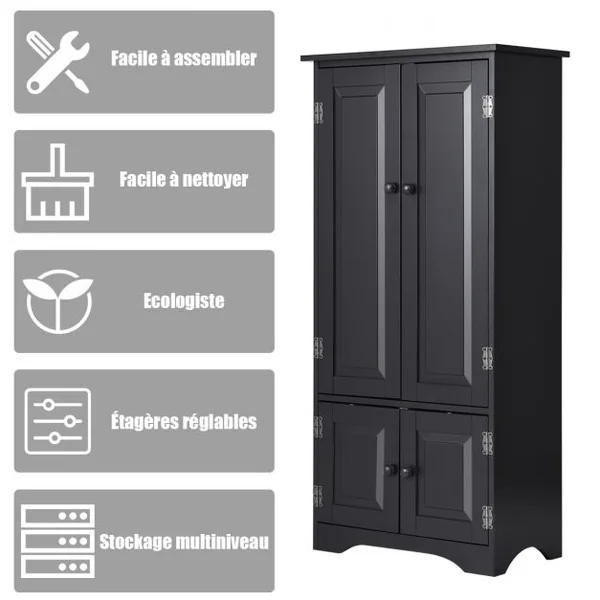 Armoire Vintage avec 4 Portes et 2 Étagères Réglables Sur 5 Positions en Bois Mdf Laqué 61x305x1245cm Noir