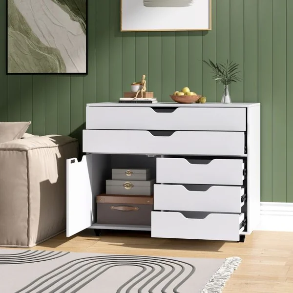 Armoire à 5 Tiroirs avec Porte Desserte Mobile à 5 Roulettes Armoire à Dossiers Latérale Roulante Support d'Imprimante Blanc