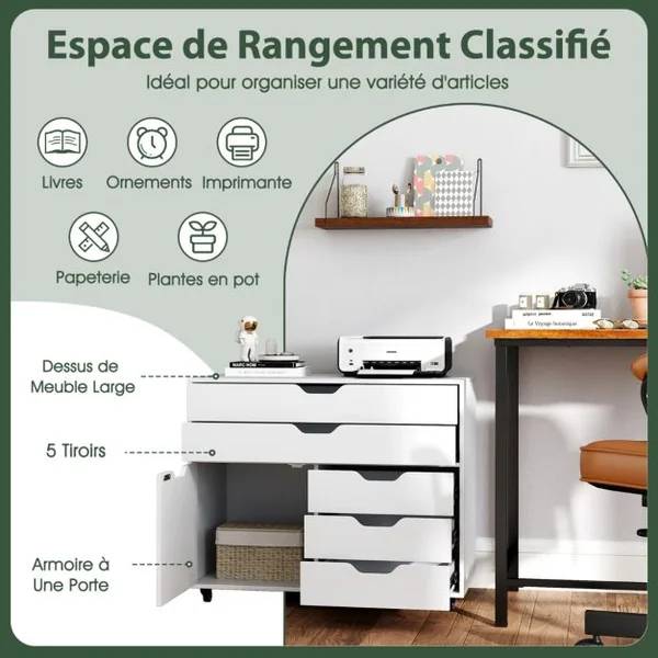Armoire à 5 Tiroirs avec Porte Desserte Mobile à 5 Roulettes Armoire à Dossiers Latérale Roulante Support d'Imprimante Blanc
