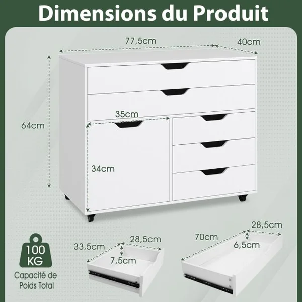Armoire à 5 Tiroirs avec Porte Desserte Mobile à 5 Roulettes Armoire à Dossiers Latérale Roulante Support d'Imprimante Blanc