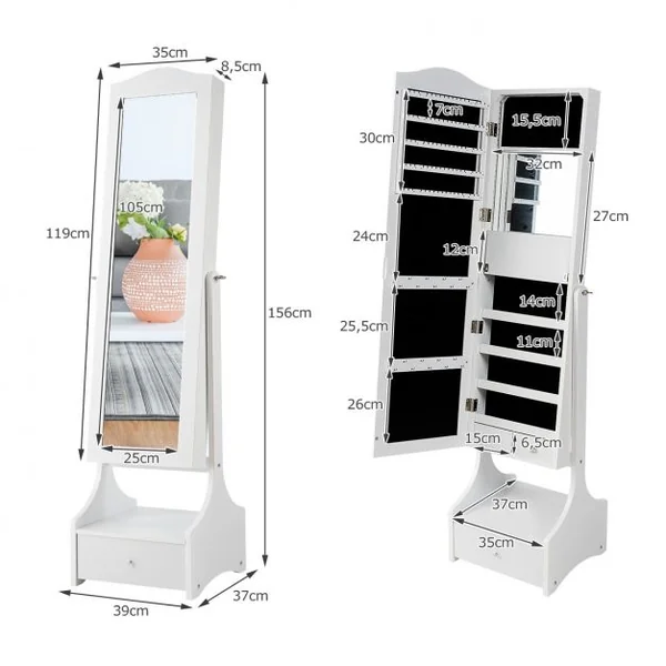 Armoire à Bijoux avec Lumières LED sur Pied avec Miroir Pivotant et 3 Tiroirs en MDF 39x37x156cm Blanc