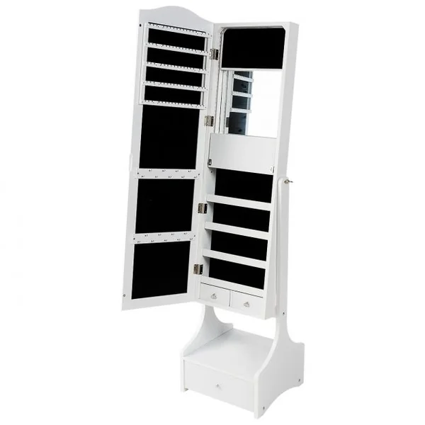 Armoire à Bijoux avec Lumières LED sur Pied avec Miroir Pivotant et 3 Tiroirs en MDF 39x37x156cm Blanc