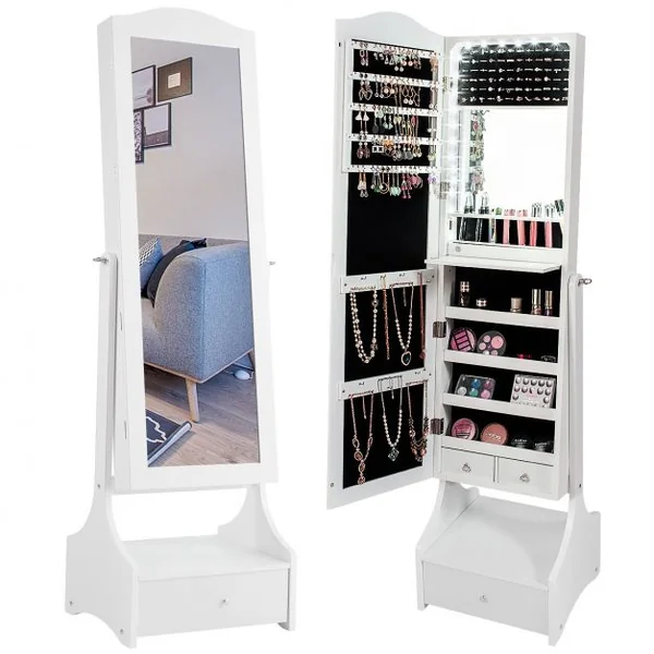Armoire à Bijoux avec Lumières LED sur Pied avec Miroir Pivotant et 3 Tiroirs en MDF 39x37x156cm Blanc
