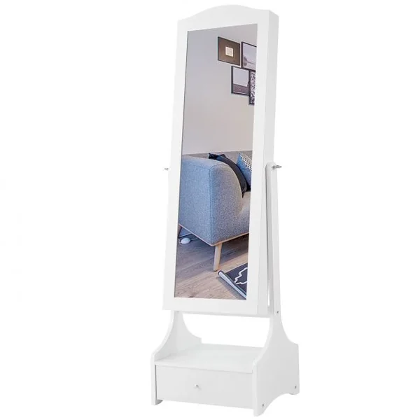 Armoire à Bijoux avec Lumières LED sur Pied avec Miroir Pivotant et 3 Tiroirs en MDF 39x37x156cm Blanc