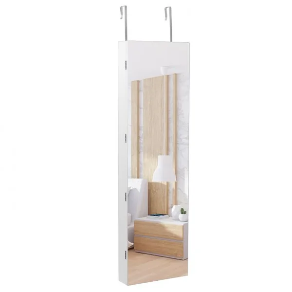 Armoire à Bijoux avec Miroir et Lumière LED Multiples Rangements, avec crochets pour porte, 120 x 36 x 10 cm, Blanc