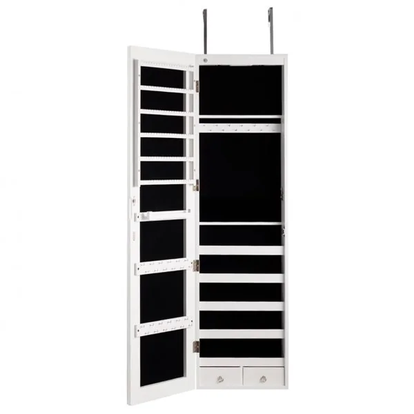Armoire à Bijoux avec Miroir et Lumière LED Multiples Rangements, avec crochets pour porte, 120 x 36 x 10 cm, Blanc