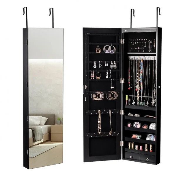 Armoire à Bijoux avec Miroir et Lumière LED Multiples Rangements, avec crochets pour porte, 120 x 36 x 10 cm, Noir