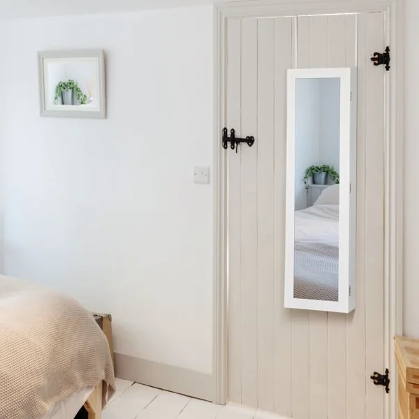 Armoire à Bijoux Murale avec Led Miroir en Verre Multi-rangements Doublure en Velours en Mdf 30x8,5x106cm Blanc