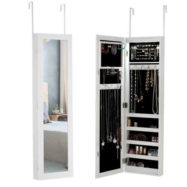 Armoire à Bijoux Murale avec Led Miroir en Verre Multi-rangements Doublure en Velours en Mdf 30x8,5x106cm Blanc