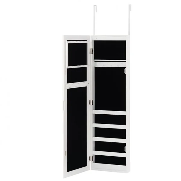 Armoire à Bijoux Murale avec Led Miroir en Verre Multi-rangements Doublure en Velours en Mdf 30x8,5x106cm Blanc