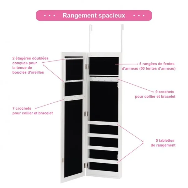 Armoire à Bijoux Murale avec Led Miroir en Verre Multi-rangements Doublure en Velours en Mdf 30x8,5x106cm Blanc