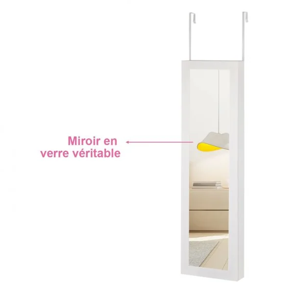 Armoire à Bijoux Murale avec Led Miroir en Verre Multi-rangements Doublure en Velours en Mdf 30x8,5x106cm Blanc