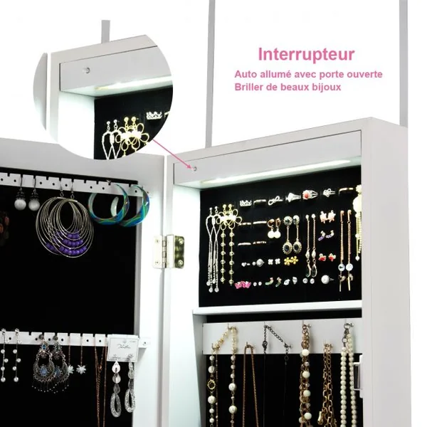 Armoire à Bijoux Murale avec Led Miroir en Verre Multi-rangements Doublure en Velours en Mdf 30x8,5x106cm Blanc