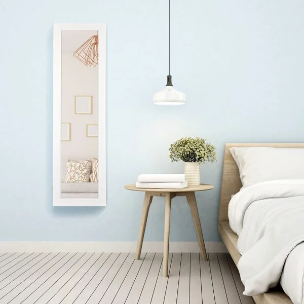 Armoire à Bijoux Murale avec Lumières LED et Miroir en Verre Multi-rangements 2 Clés en MDF 37x8,5x120cm Blanc