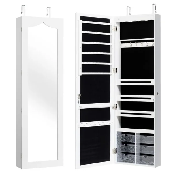 Armoire à Bijoux Murale LED avec Miroir 6 Tiroirs Hauteur du Crochet Ajustable 120x36,5x11,5CM Blanc