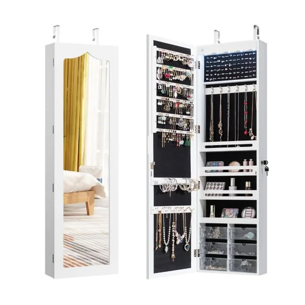 Armoire à Bijoux Murale LED avec Miroir 6 Tiroirs Hauteur du Crochet Ajustable 120x36,5x11,5CM Blanc