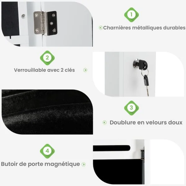 Armoire à Bijoux Murale LED avec Miroir 6 Tiroirs Hauteur du Crochet Ajustable 120x36,5x11,5CM Blanc