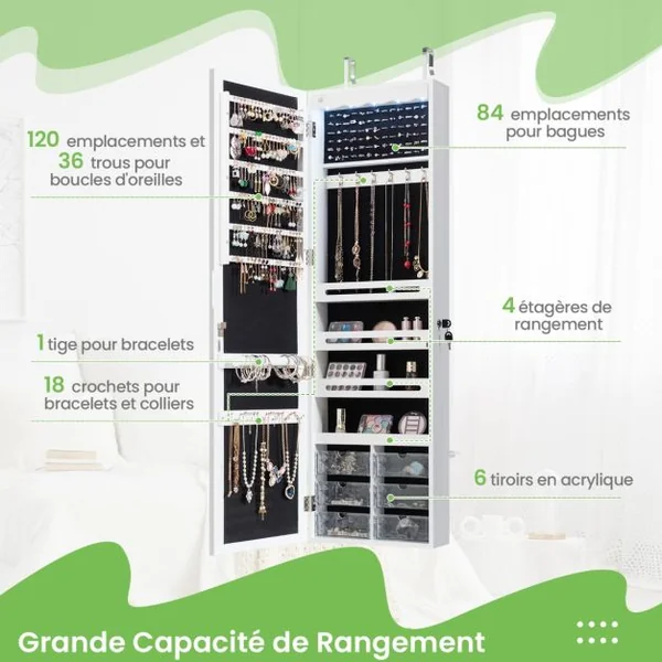 Armoire à Bijoux Murale LED avec Miroir 6 Tiroirs Hauteur du Crochet Ajustable 120x36,5x11,5CM Blanc