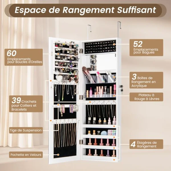 Armoire à Bijoux Murale/de Porte avec Miroir Pleine Longueur et Miroir de Maquillage Cintres Réglables Verrou Doublure Douce Marron Rustique