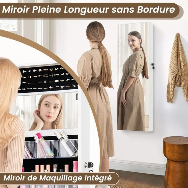 Armoire à Bijoux Murale/de Porte avec Miroir Pleine Longueur et Miroir de Maquillage Cintres Réglables Verrou Doublure Douce Marron Rustique